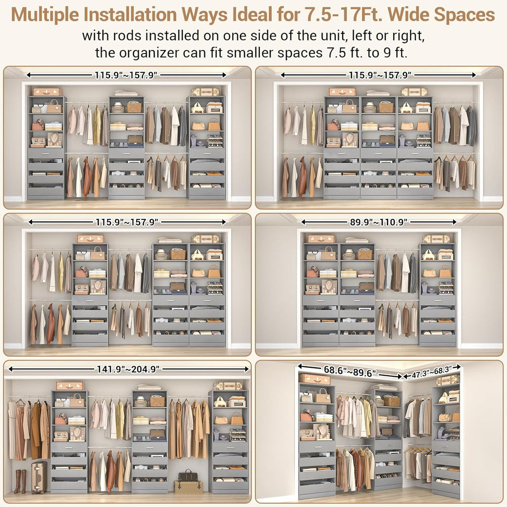 Aheaplus Closet System with 12 Drawers, 8.5-11.5Ft Wood Closet Organizer System with 4 Hanging Rods