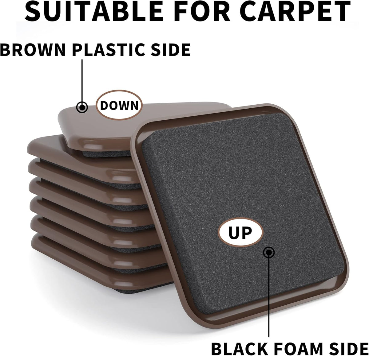 Furniture Sliders, 8 pcs-4 3/4” Square Brown Furniture Sliders for Carpet, Heavy Duty Furniture