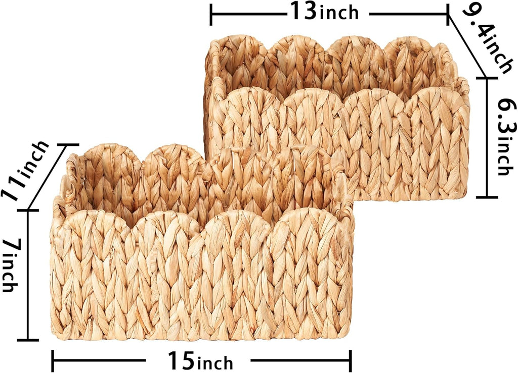 Scalloped Basket Wicker & Rattan Storage Basket with Built-in Handles, Large Woven Water Hyacinth
