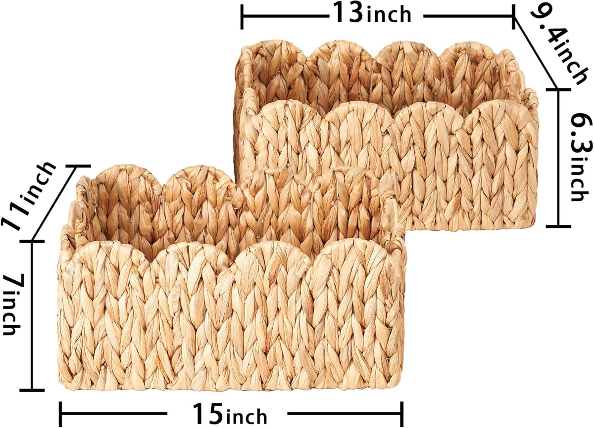 Scalloped Basket Wicker & Rattan Storage Basket with Built-in Handles, Large Woven Water Hyacinth