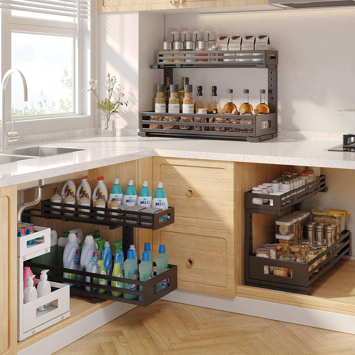 2-Pack 20.47"Deep Under Sink Organizer And Storage,2-Tier L-Shaped Pull Out Cabinet Organizer with