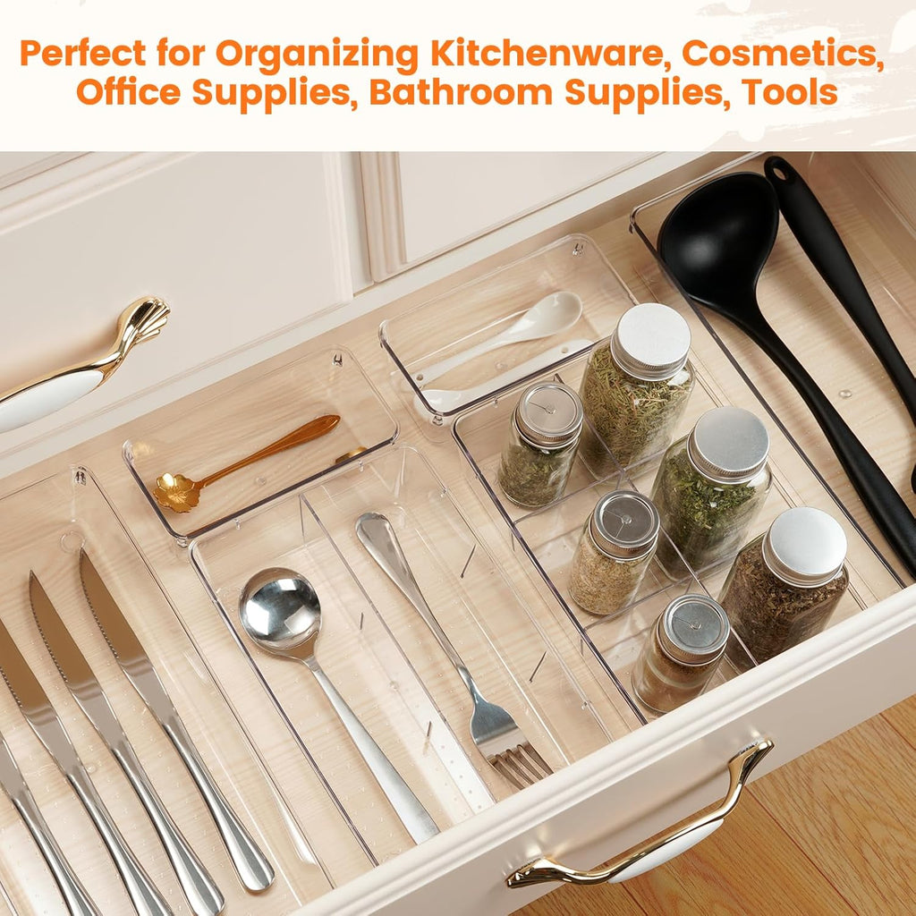 Criusia Drawer Organizer - 18 Pack Clear Large Kitchen Drawer Organization Trays, Non-Slip Dividers