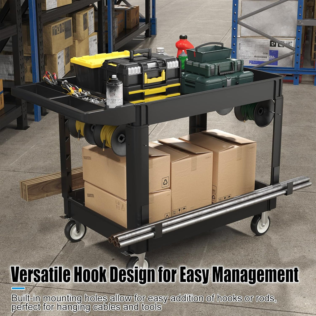 2 Tier Plastic Rolling Cart Utility Cart on Wheels, Heavy Duty Tool Carts with Ergonomic Storage