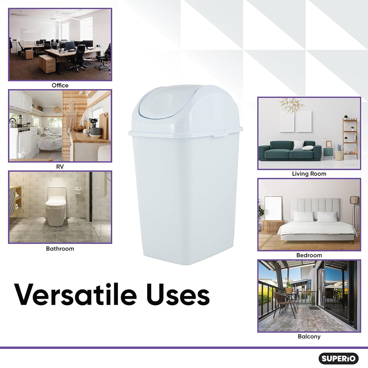 Superio Small Plastic Trash Can with Swing Top Lid, Compact Slim Waste Bin for Under Desk, Office