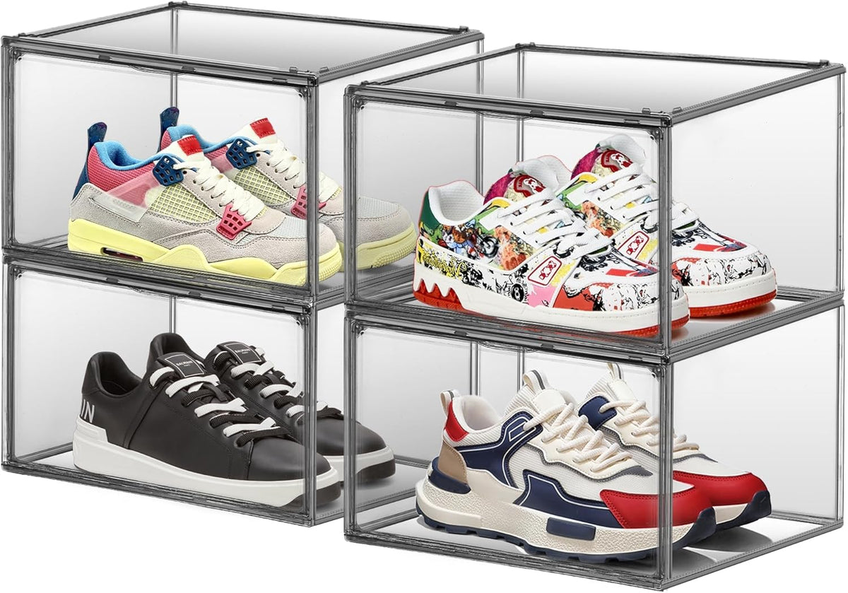 4 Pack Grey Shoe Storage Boxes Clear Plastic Stackable Shoe Display Case with Magnetic Door, Easy