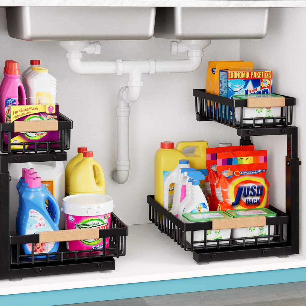 1 Packs 2 Tier Under Sink Organizers, Sliding Pull Out Cabinet Organizer Storage Shelf, Metal