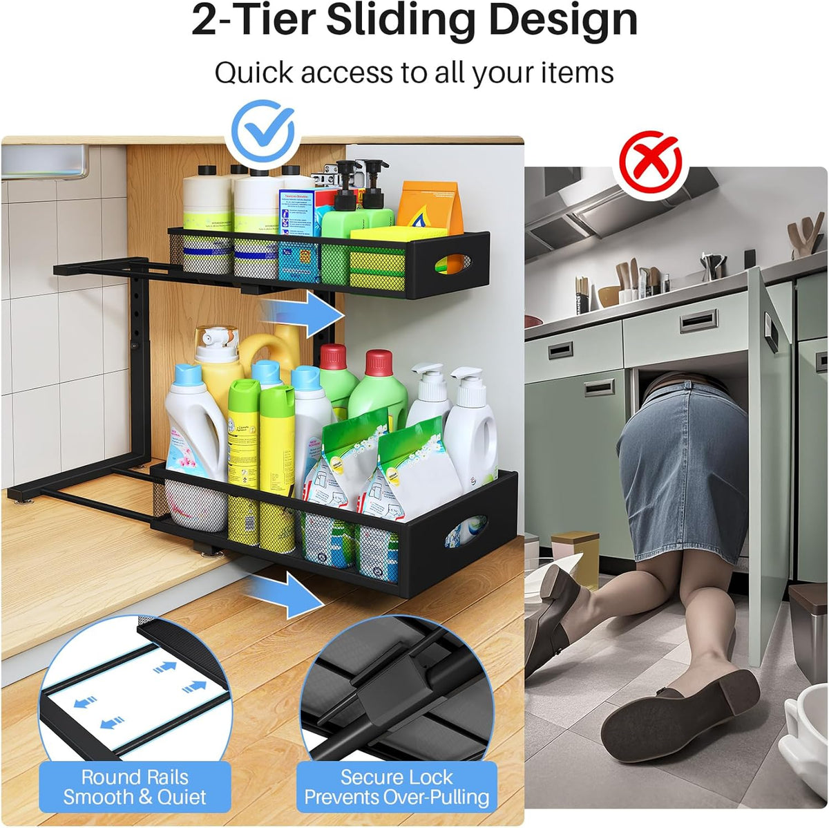 Under Sink Organizer, 2 Pack 2 Tier Pull Out Under Cabinet Organizer Shelf with Pad for Framed