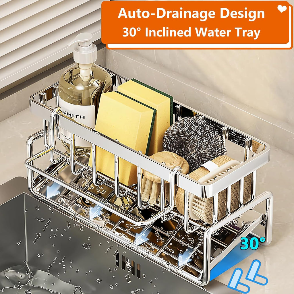 Sponge Holder for Kitchen Sink, Sink Caddy Organizers Stainless Steel,30°Tilt Self-Drainage,Sponge
