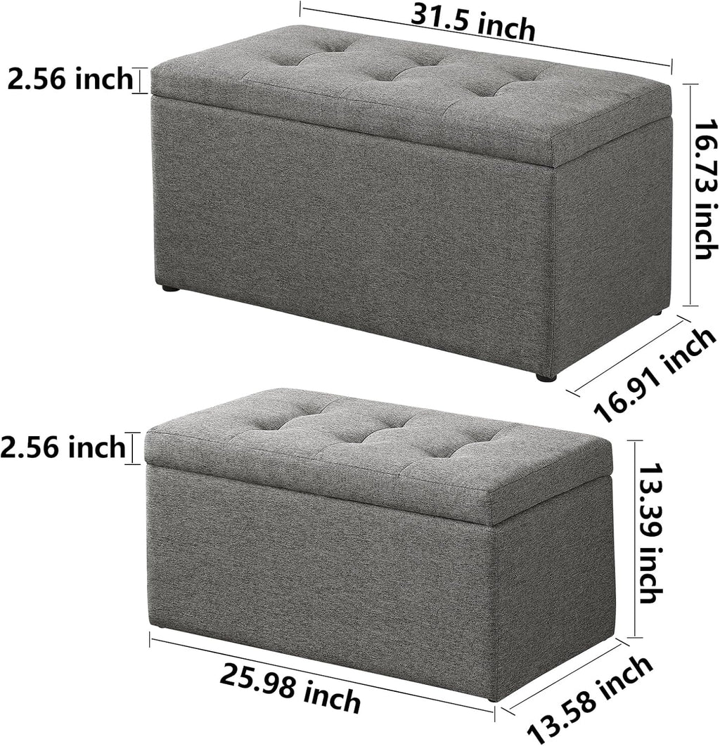 Storage Ottoman Bench with 2.56-inch Thick Seat, 31.5 inch Nesting Ottoman Set of 2, Hinged Flip