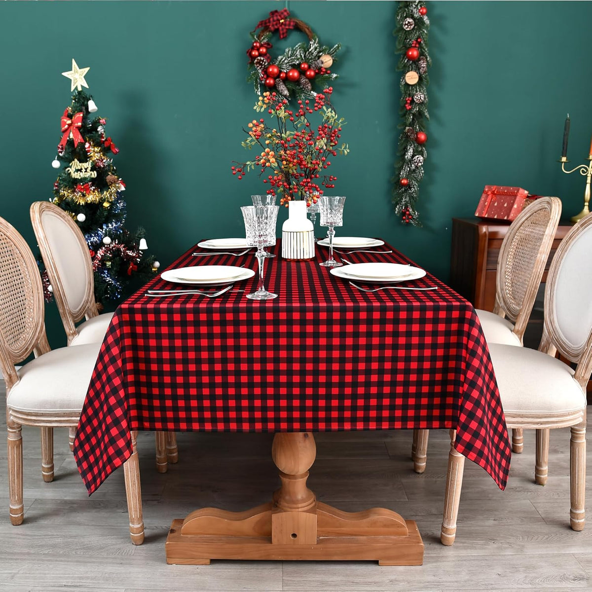 Classic Gingham Buffalo Xmas Tablecloth Fabric - Oblong 58x144 Inch Water Proof Checkered Table