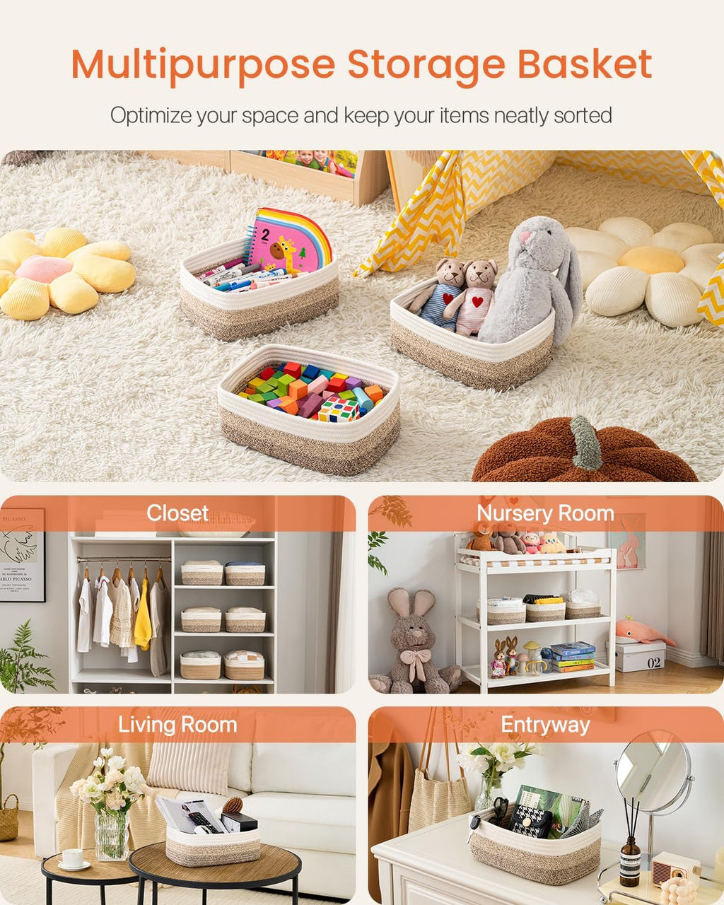 Small Woven Basket, 12 x 8 x 4.5 Inches, Storage Basket for Organizing, Cute Small Rope Shelf