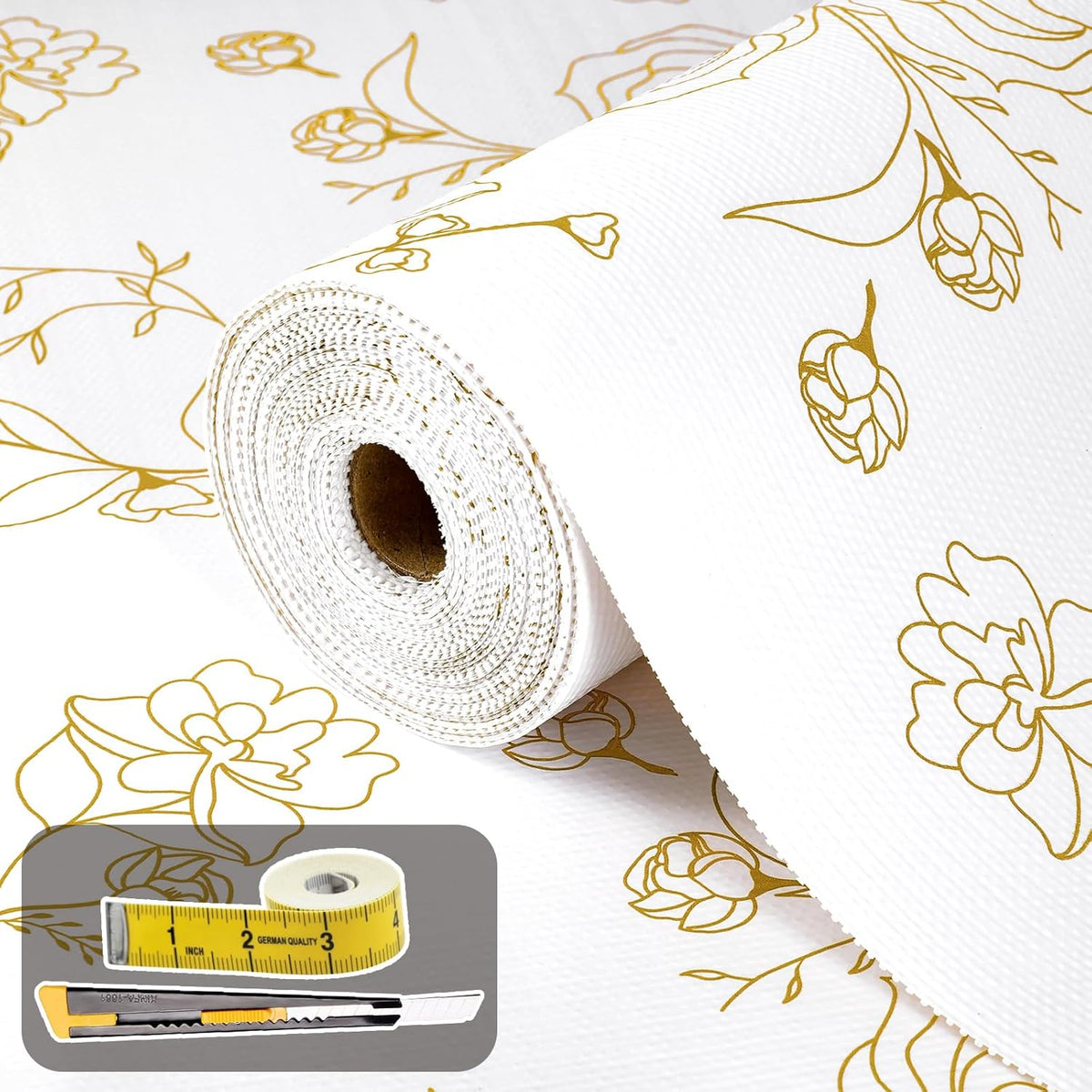 Shelf Liners for Kitchen Cabinets 17.5in x 30FT Non Adhesive Drawer Liner Gold Floral Thickened