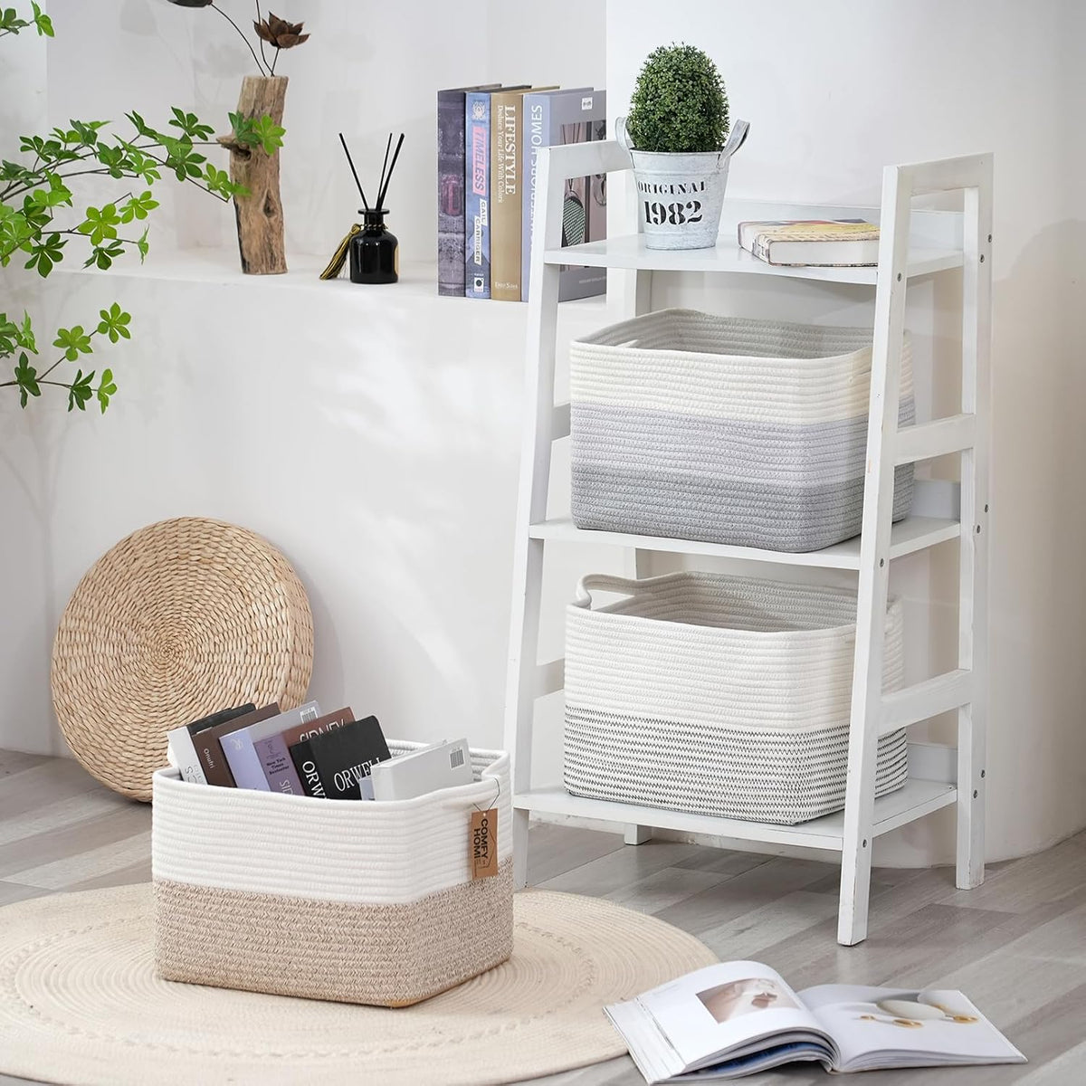 COMFY-HOMI 3-Pack Cotton Rope Woven Basket with Handles for Shelves, Books, Toys, Cloth