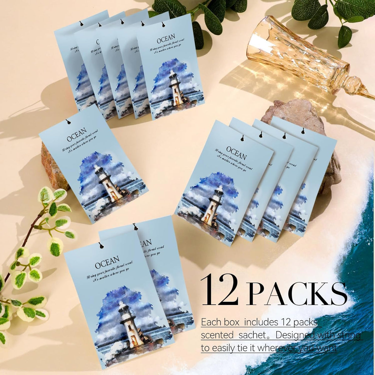 Ocean Scented Sachet Bags - 12 Pack Closet Freshener Odor Eliminator, Long Lasting Home Fragrance