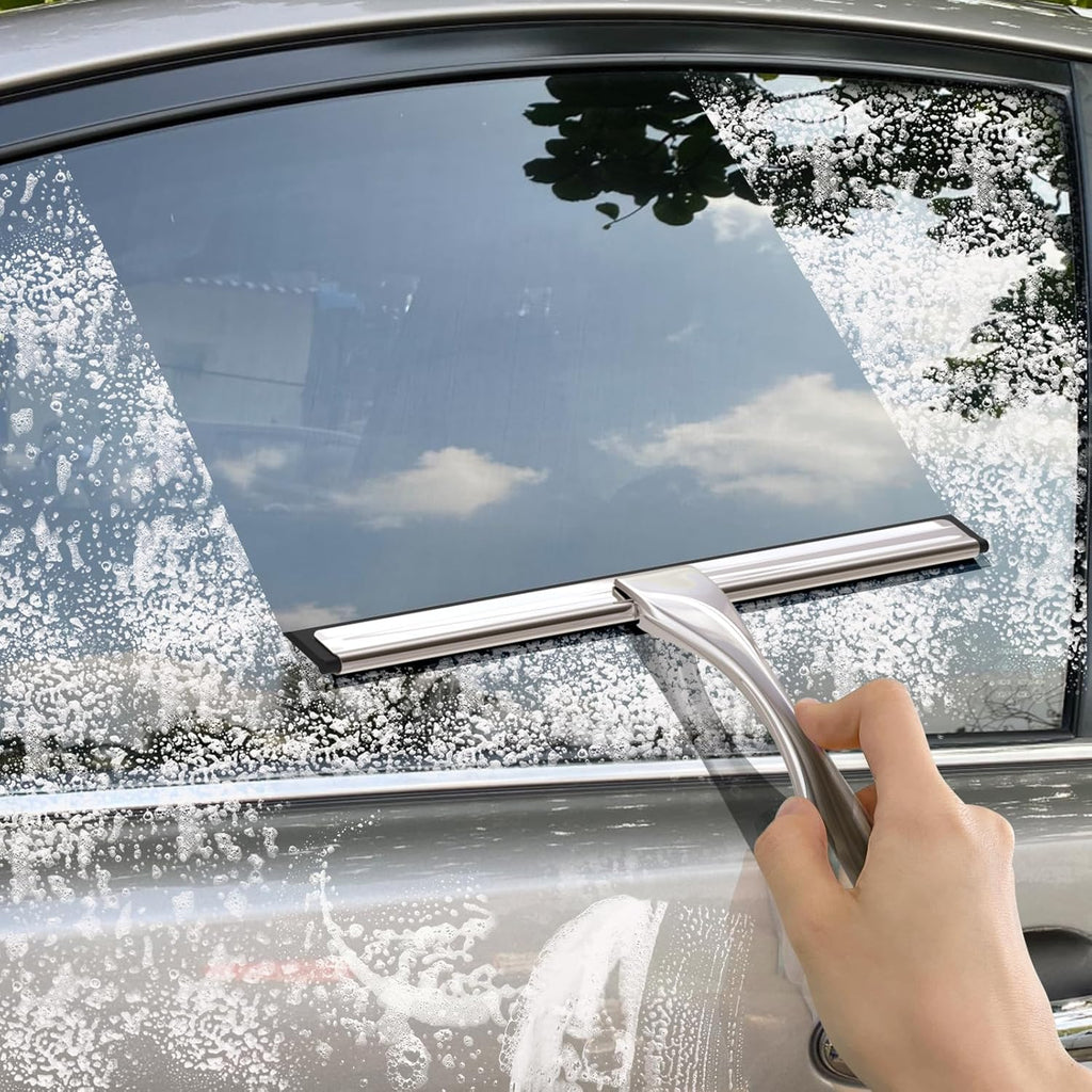 All-Purpose Stainless Steel Shower Squeegee for Glass Doors with Adhesive Hooks, Squeegee for