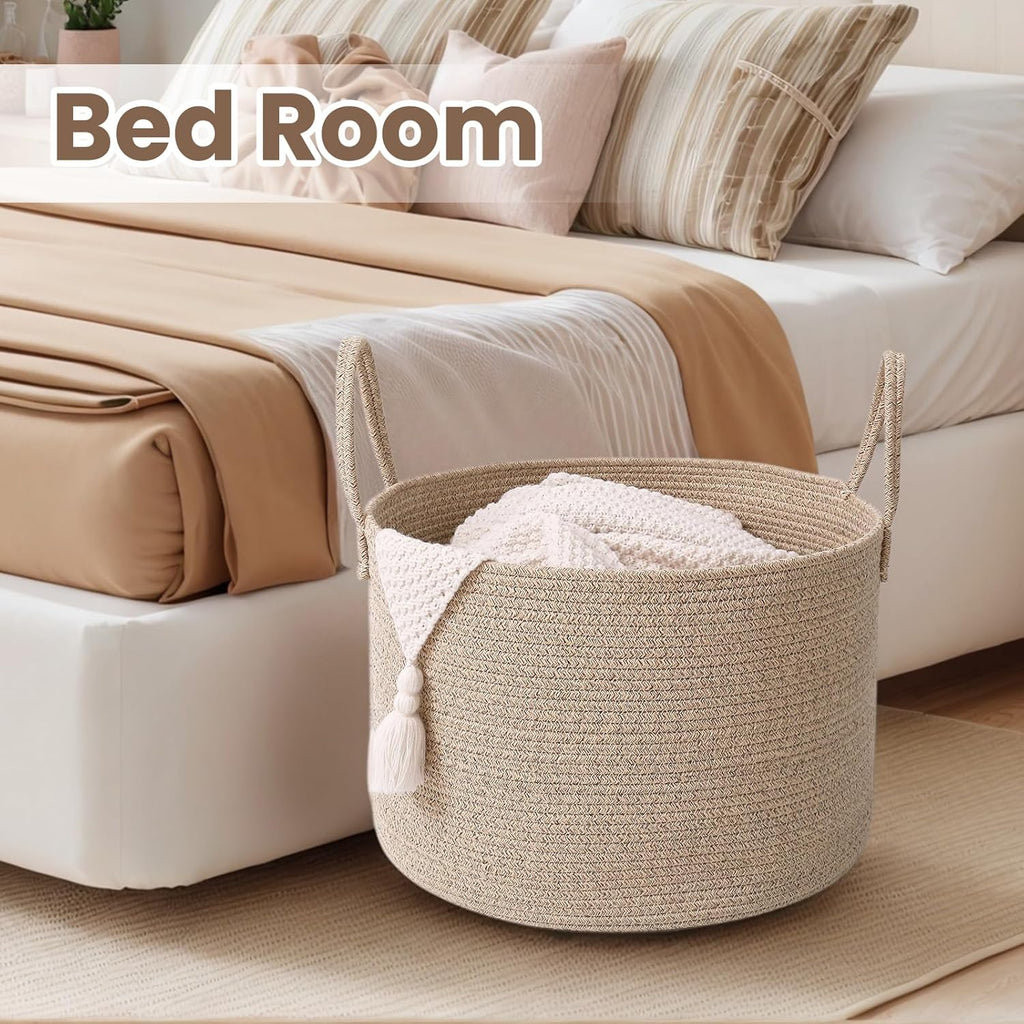 Woven Blanket Basket,65L Large Rope Storage Bin with Handles, Organizer for Blankets Toys Book and