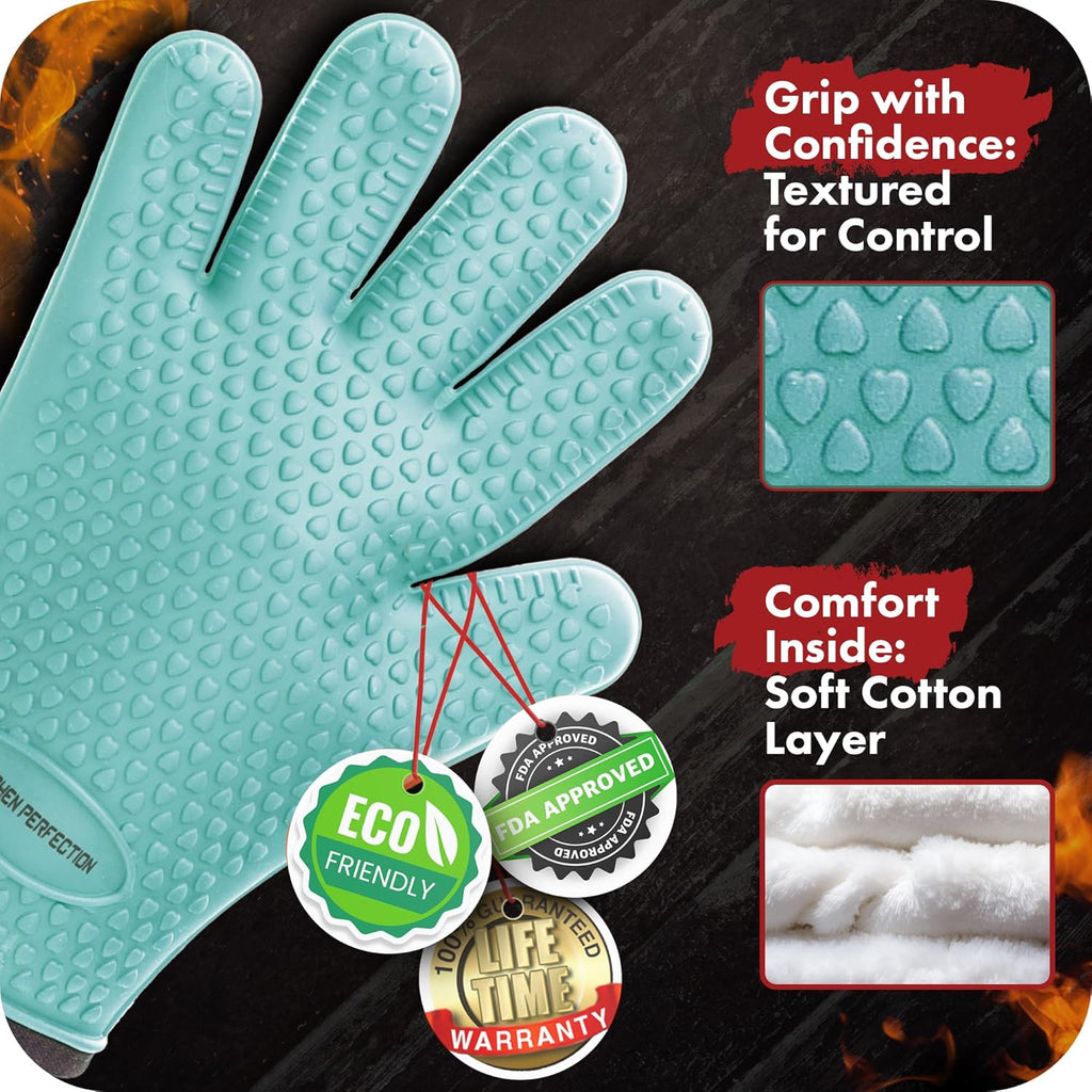 KITCHEN PERFECTION Silicone Smoker Oven Gloves -Extreme Heat Resistant BBQ Gloves -Handle Hot Food