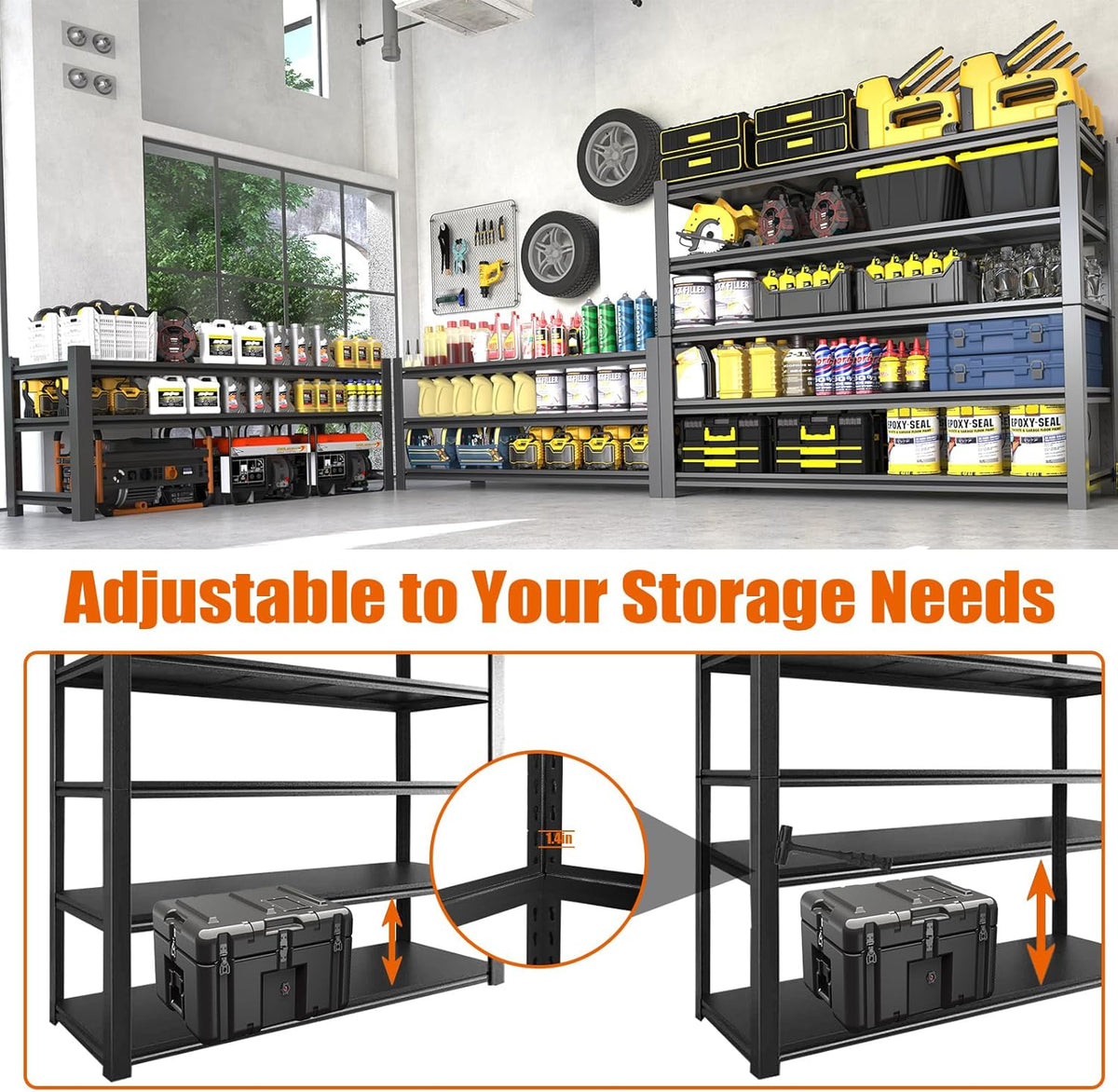 60"W Garage Shelving Heavy Duty Metal Shelving 3000LBS Storage Shelves Adjustable 5 Tier Metal