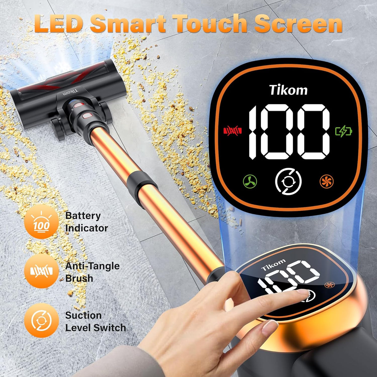 Tikom V500 Cordless Vacuum Cleaner for Home, 40000Pa/450W Stick Vacuum with LED Touch Screen