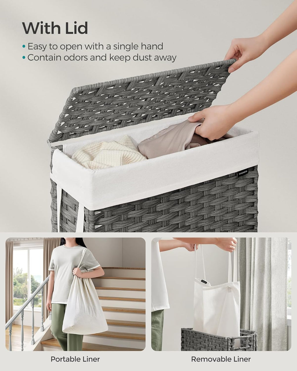 SONGMICS Slim Laundry Hamper with Lid, 14.5 Gallon (55L) Rattan Clothes Laundry Basket with Lid and