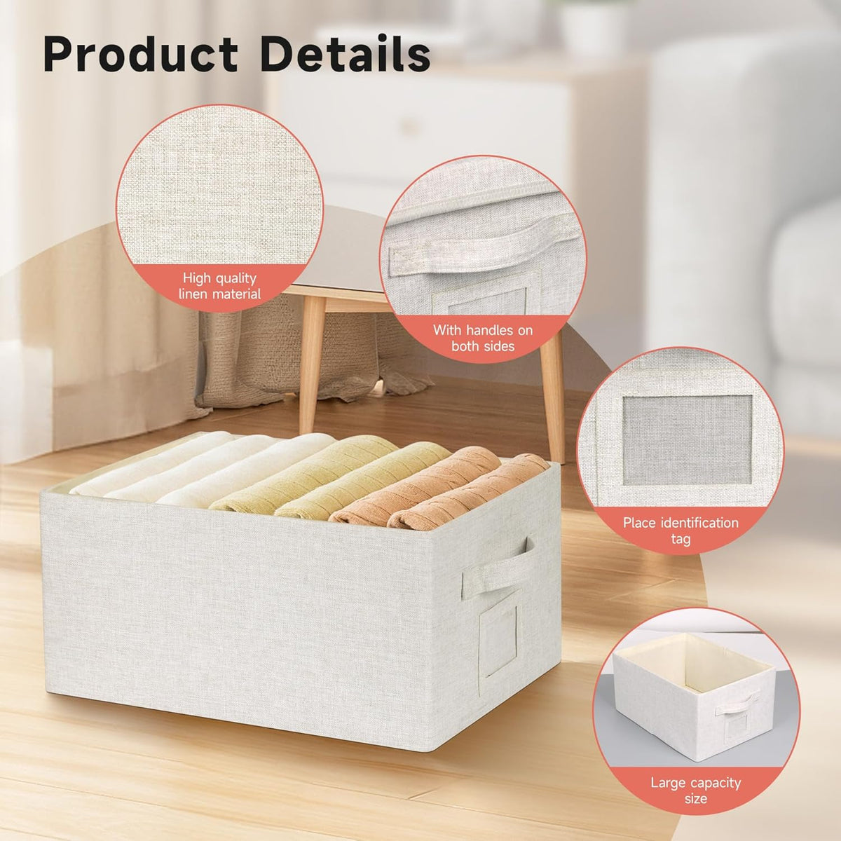Large 17''x12'' Quart Collapsible Stackable Storage Bins with Lids, 2 Packs Off White Fabric Closet