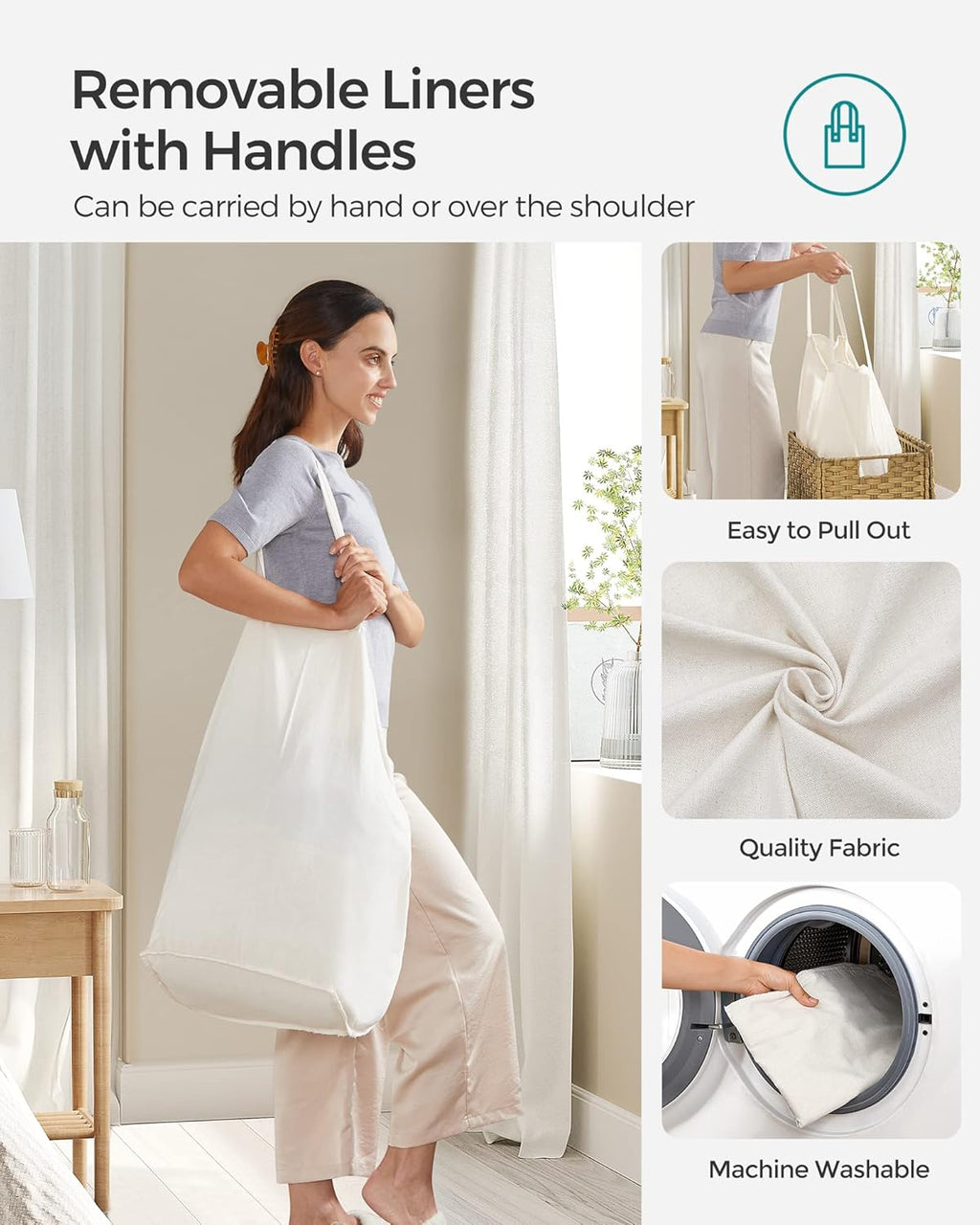 SONGMICS Laundry Hamper with Lid, 130L Clothes Hamper with 2 Removable Liner Bags, 6 Mesh Bags