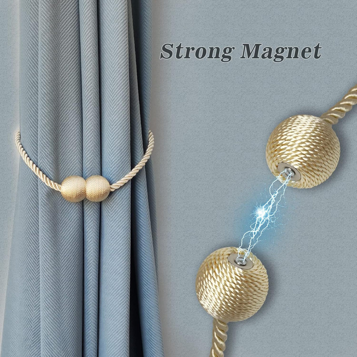 Hion Magnetic Curtain Tiebacks Gray Blue 2 Pack, Curtain Tiebacks Buckles Holdbacks Holders Hooks