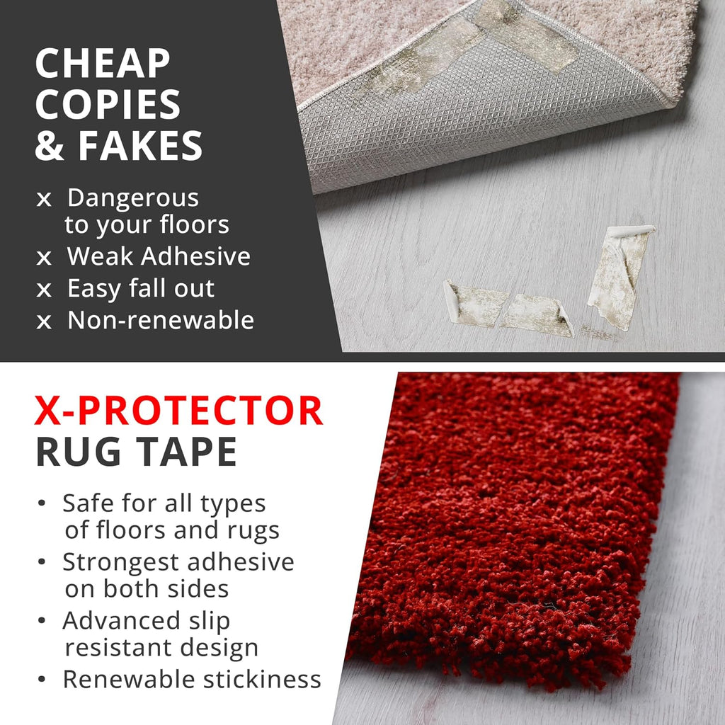 X-Protector Rug Tape - 12 Pcs Set - White Anti-Slip & Anti-Curling Carpet Tape for Hard Floors