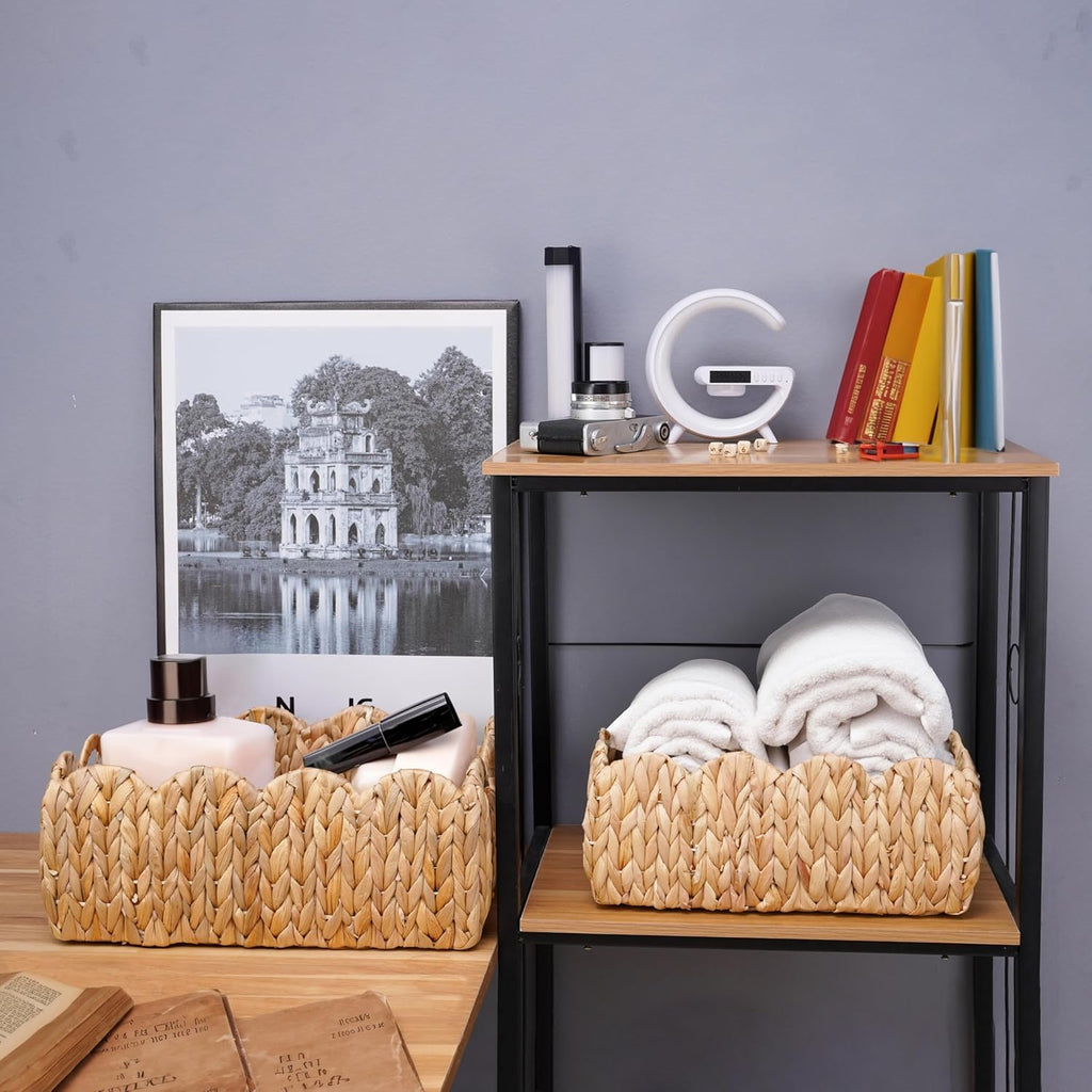 Set of 2 Scalloped Edge Wicker Storage Basket with Built-in Handles, Rectangle Water Hyacinth