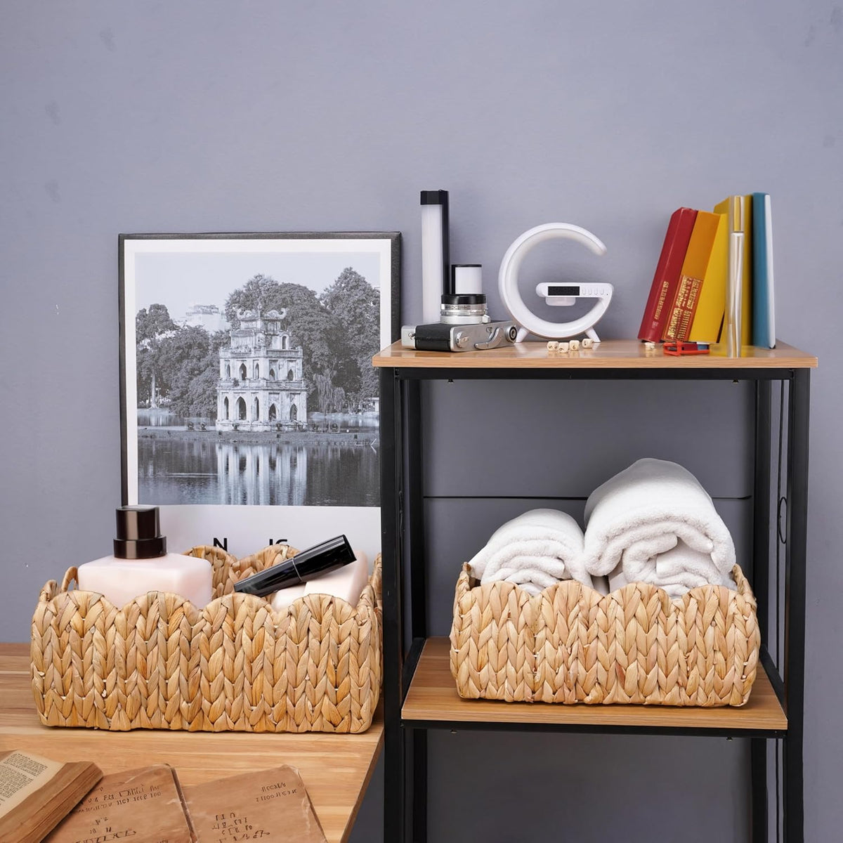 Set of 2 Scalloped Edge Wicker Storage Basket with Built-in Handles, Rectangle Water Hyacinth
