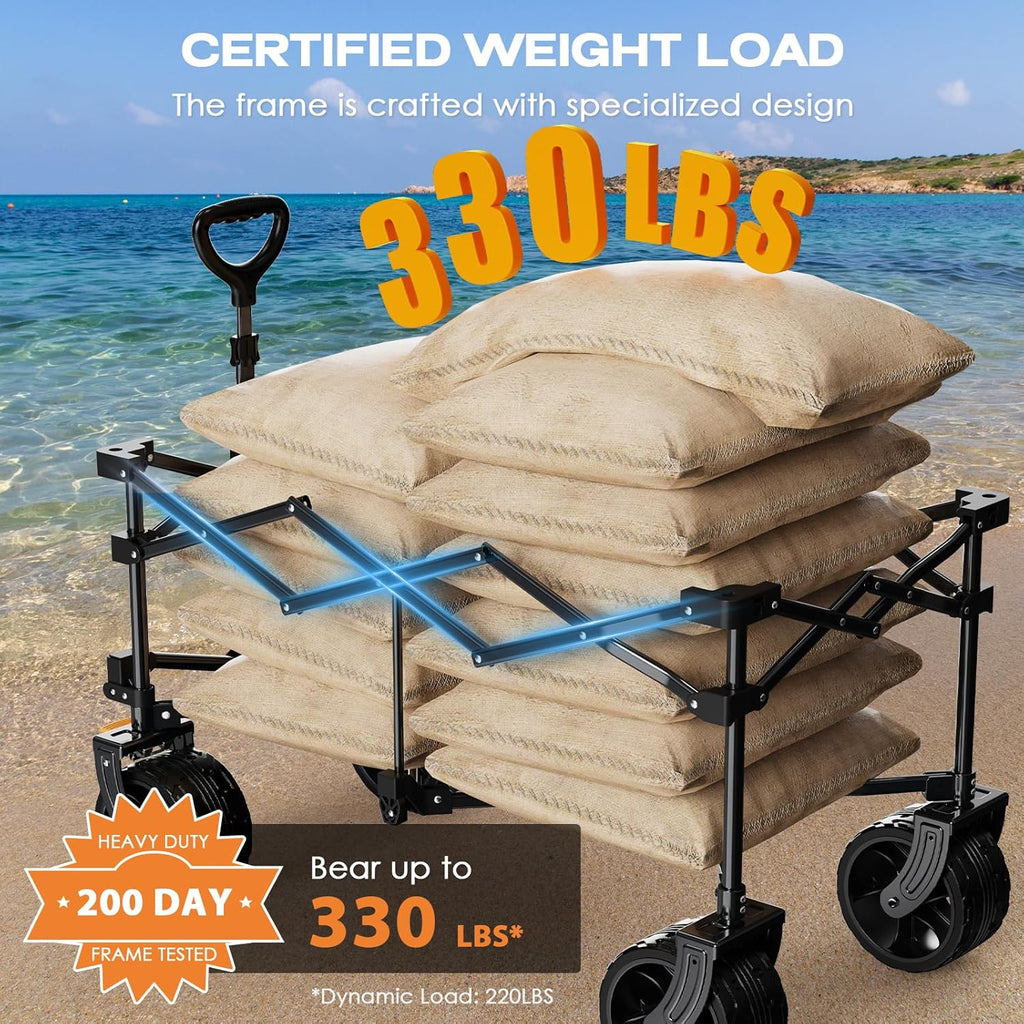 Collapsible Wagon Cart Heavy Duty Foldable, Folding Beach Wagon with Big Wheels for Sand, Utility