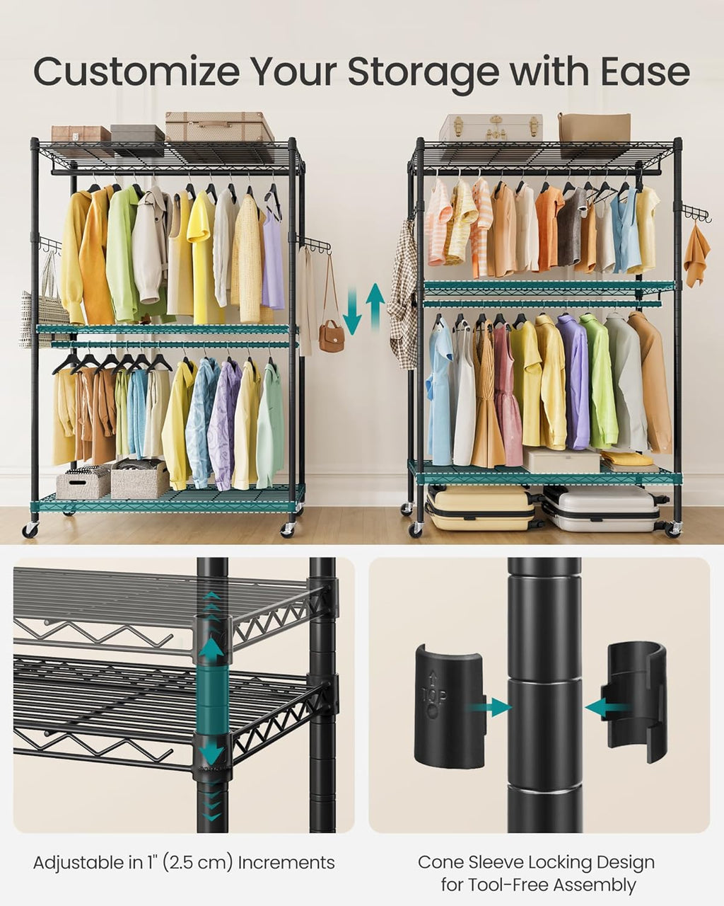 SONGMICS Heavy-Duty Rolling Clothes Rack, Garment Rack, Portable Closet, 43.3-Inch Wide Clothing