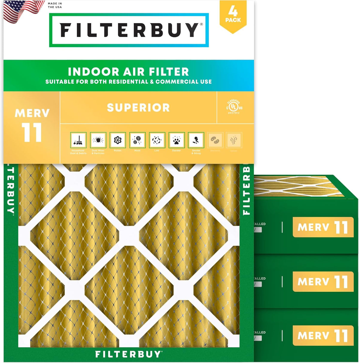 Filterbuy 14x20x4 Air Filter MERV 11 (MPR 1200) Allergen Defense Replacement (4-Pack)