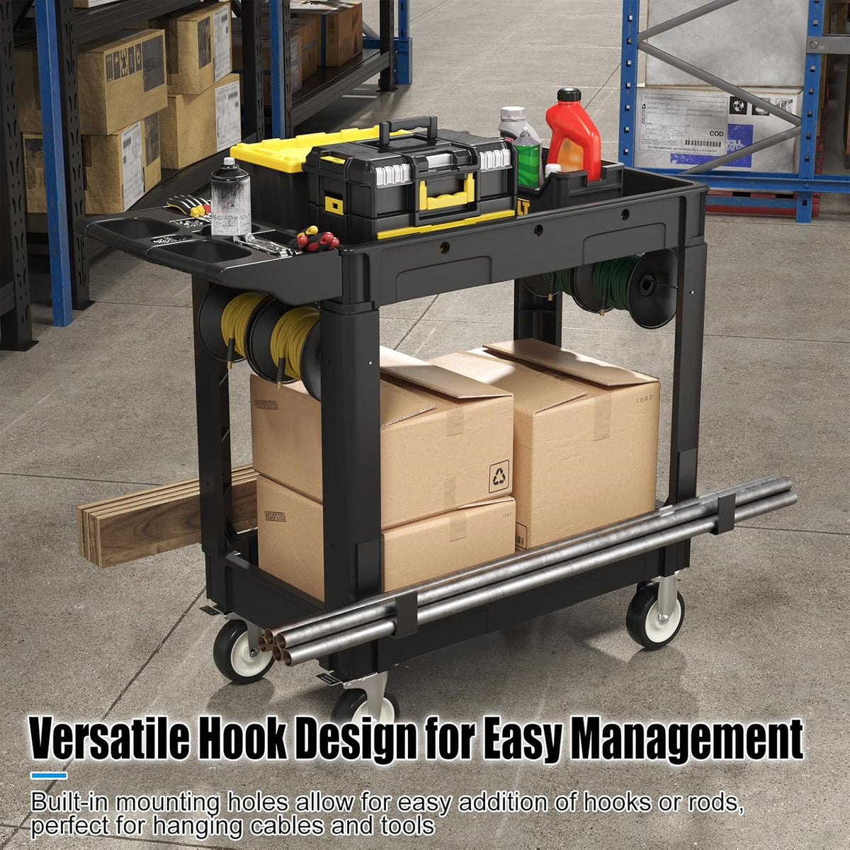 2 Tier Plastic Rolling Cart Utility Cart on Wheels, Heavy Duty Tool Carts with Ergonomic Storage