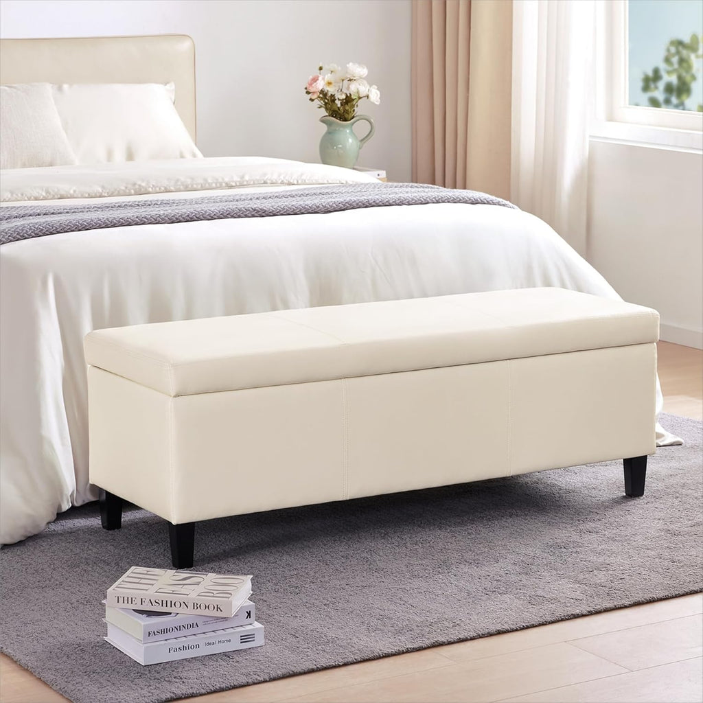 HUIMO Faux Leather Storage Ottoman Bench 50.3 inch Extra Long Upholstered Bedroom Bench with Large