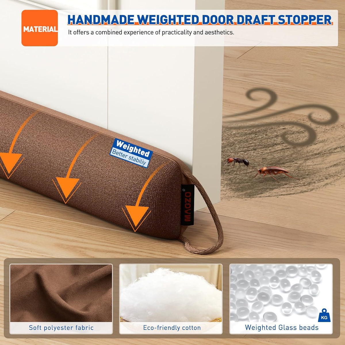MAGZO Door Draft Stopper, 34 Inch Under Door Draft Blocker Noise Stopper, Weighted Wind Blocker