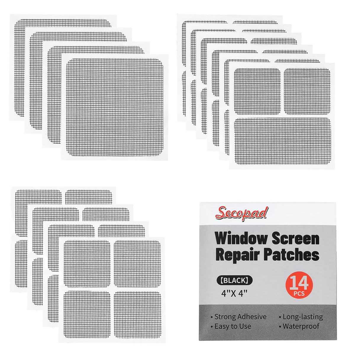 14 Sheets Window Screen Patches Repair Kit, Black 3 Sizes Window Screen Repair Kit for Mesh Screen