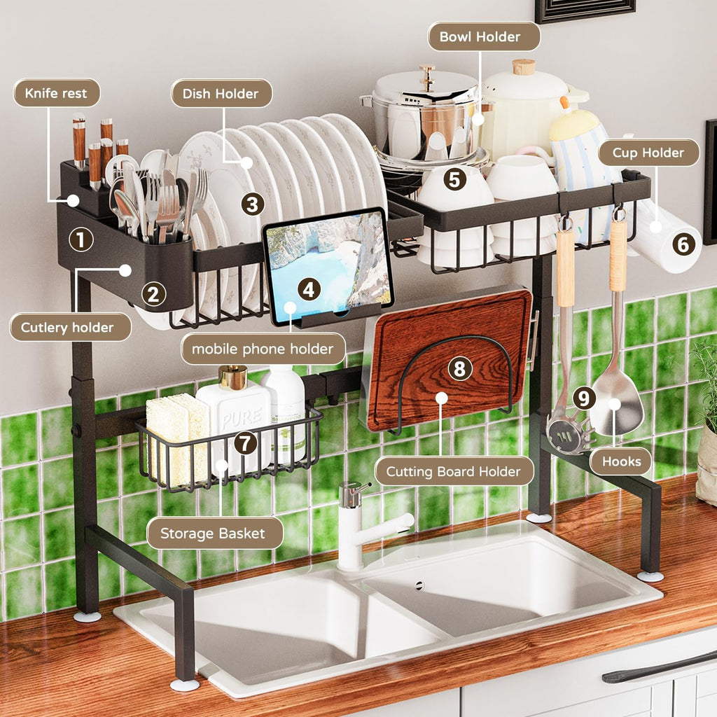 Over The Sink Dish Drying Rack, Expandable Height and Length, 2 Tier Large, Stainless Steel