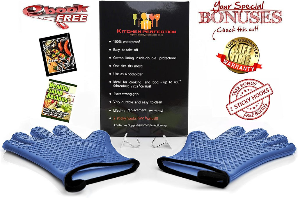 KITCHEN PERFECTION XL Silicone Smoker Oven Gloves-Extreme Heat Resistant BBQ Gloves-Handle Hot Food