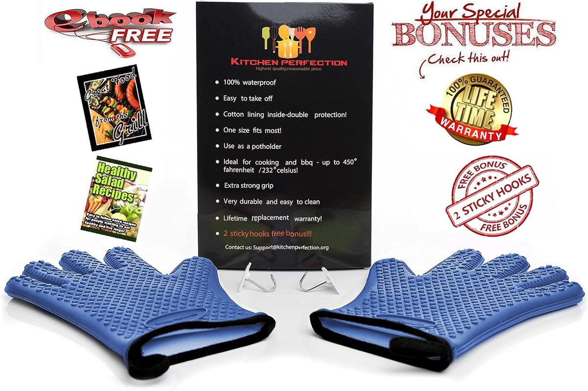 KITCHEN PERFECTION XL Silicone Smoker Oven Gloves-Extreme Heat Resistant BBQ Gloves-Handle Hot Food