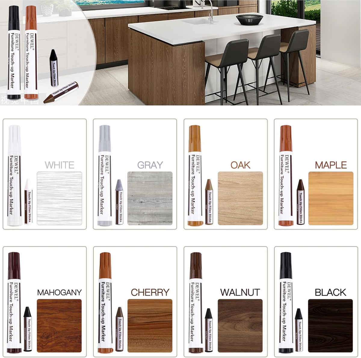 DEWEL Furniture Markers Touch Up, Upgrade Wooden Furniture Repair Kit, Premium Wood Scratch Repair