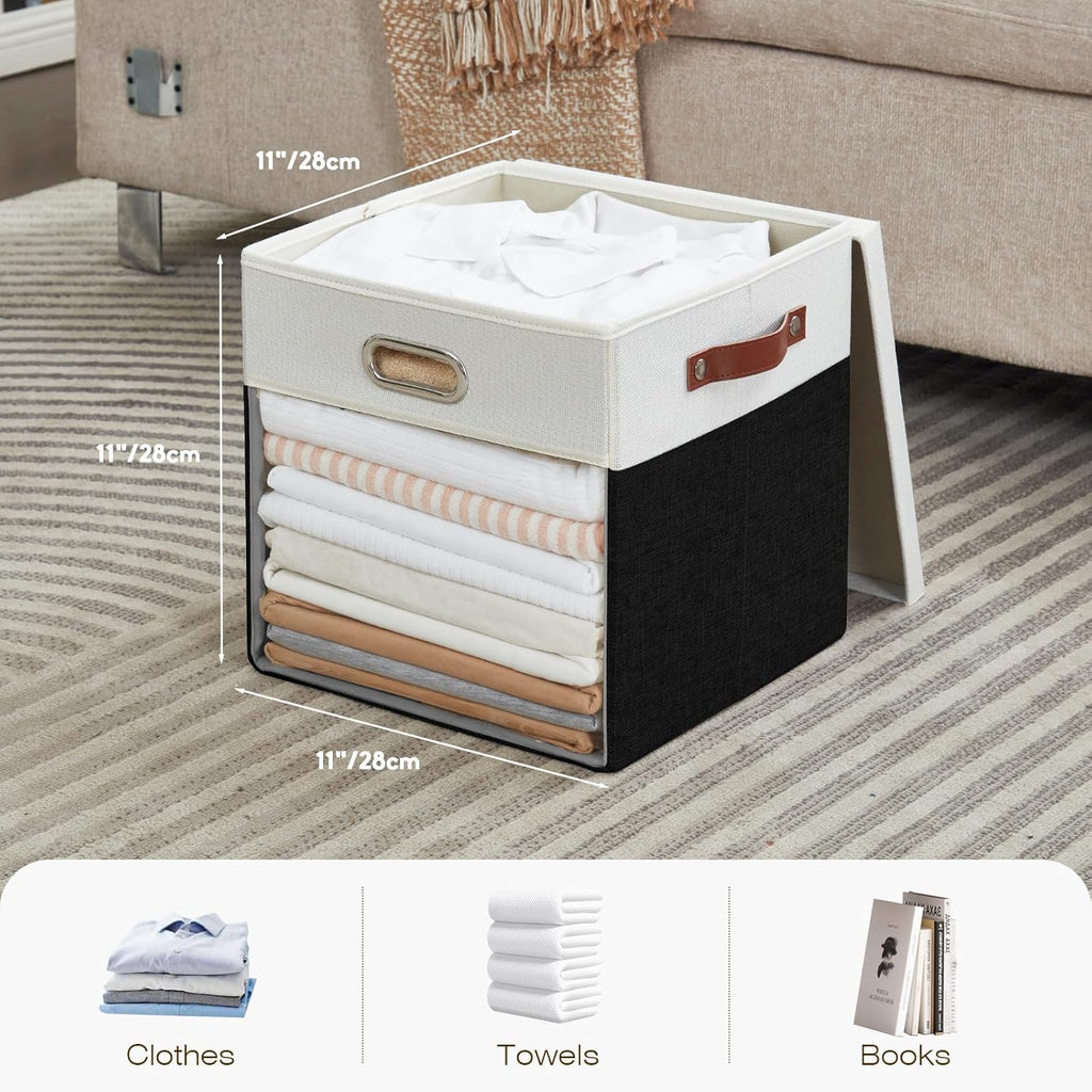 Fabric Storage Cubes with Clear Windows and Lids 11'' Foldable Storage Bins with 3 Handles