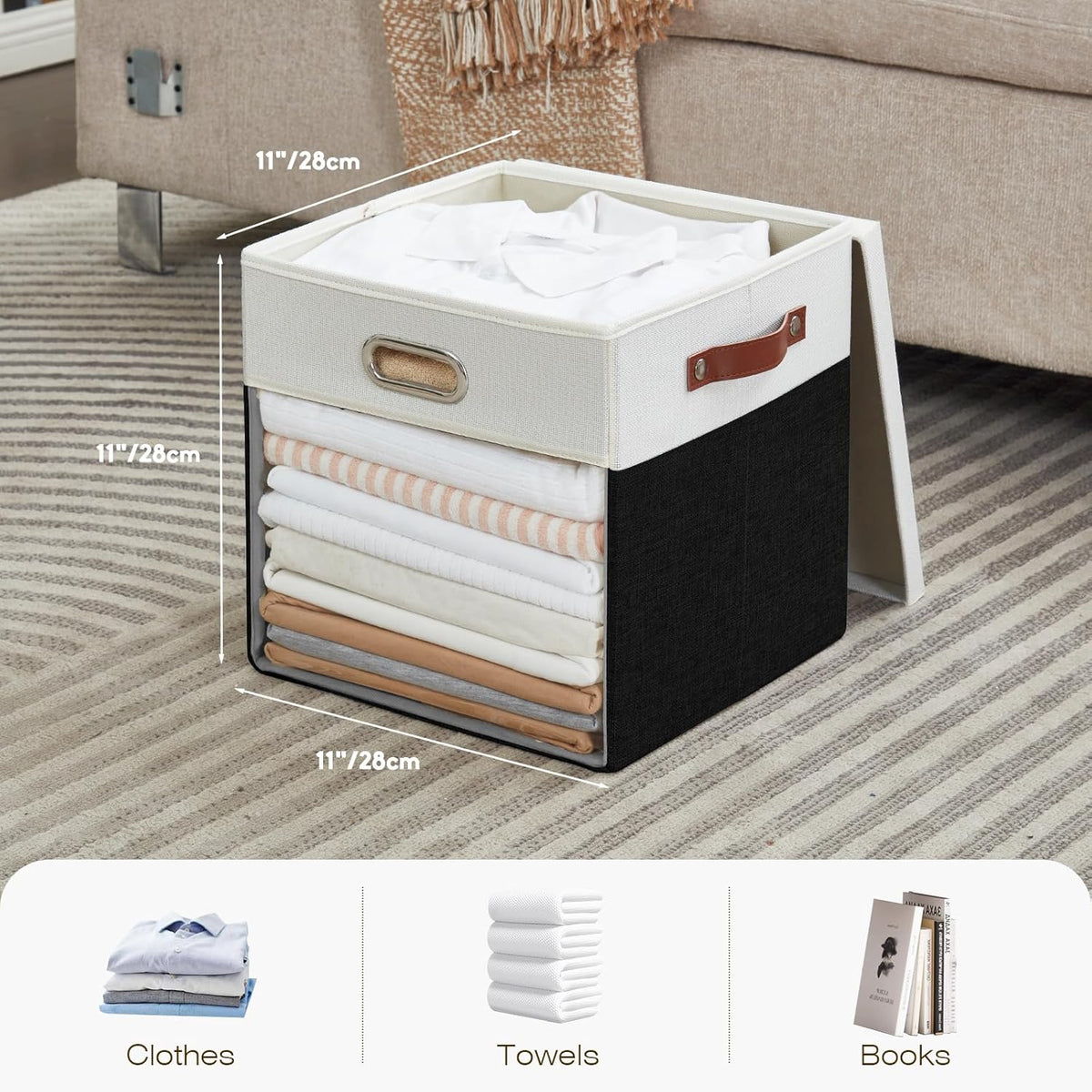 Fabric Storage Cubes with Clear Windows and Lids 11'' Foldable Storage Bins with 3 Handles