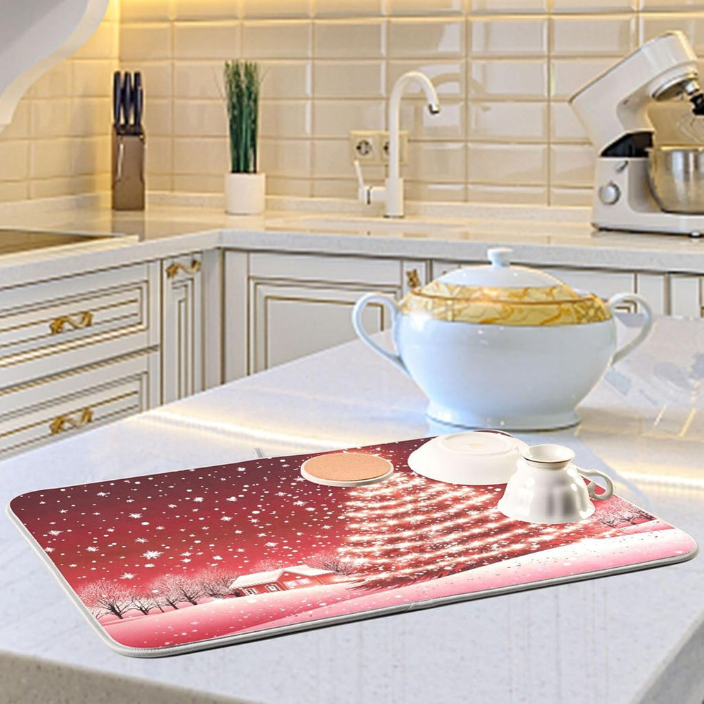 Christmas Tree Red Dish Drying Mat for Kitchen Countertop 18x24 Winter Snow Cabin Xmas Large Drying