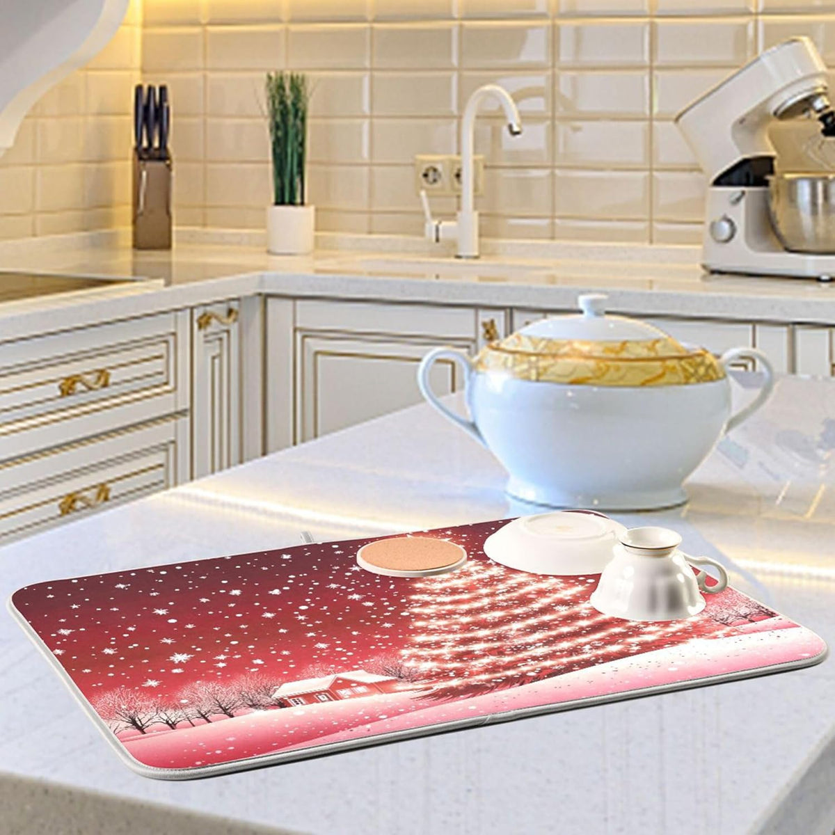 Christmas Tree Red Dish Drying Mat for Kitchen Countertop 16x18 Winter Snow Cabin Xmas Small Drying