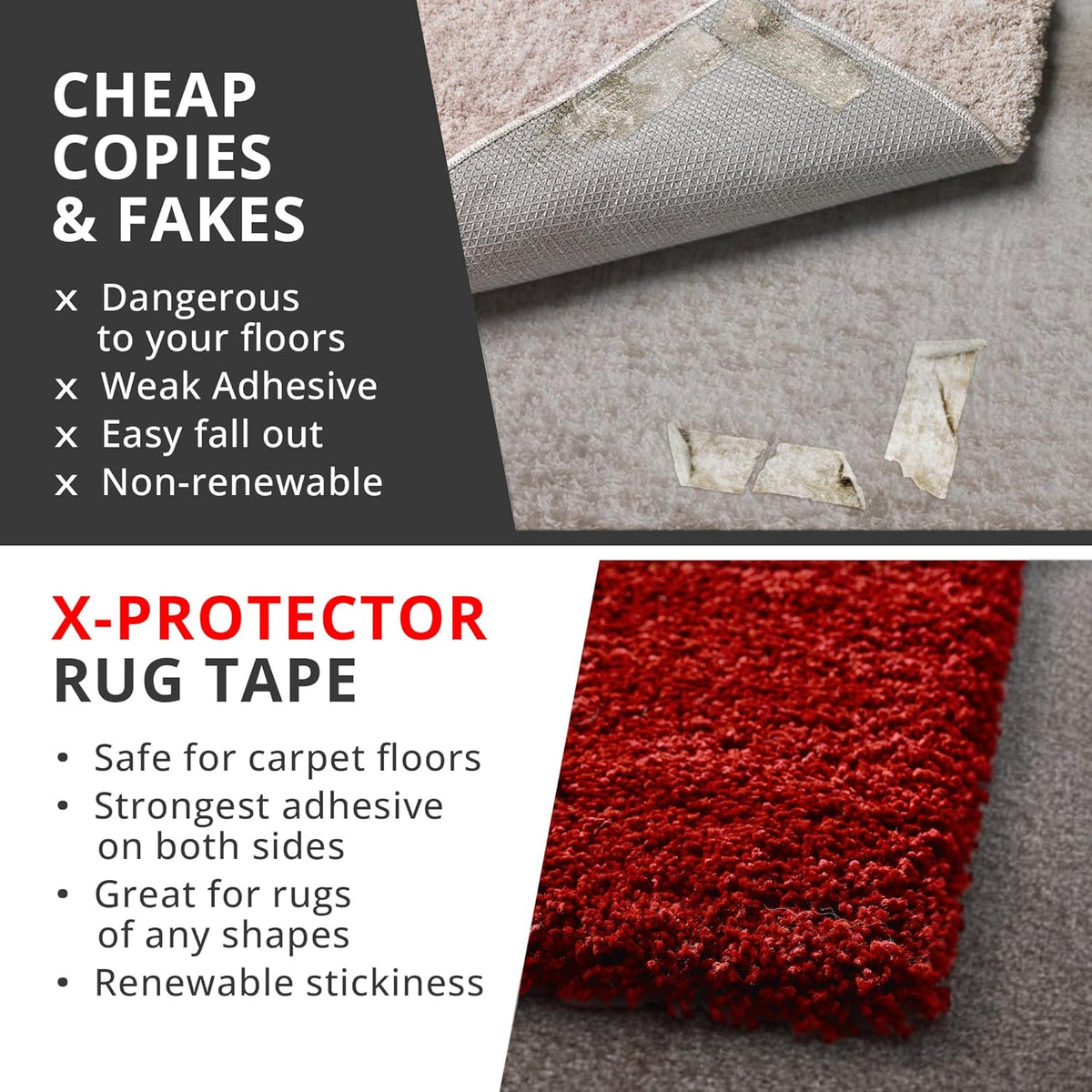 X-Protector Rug Tape for Carpet - 12 Pcs Set - White Anti-Slip & Anti-Curling Carpet Tape for Rugs