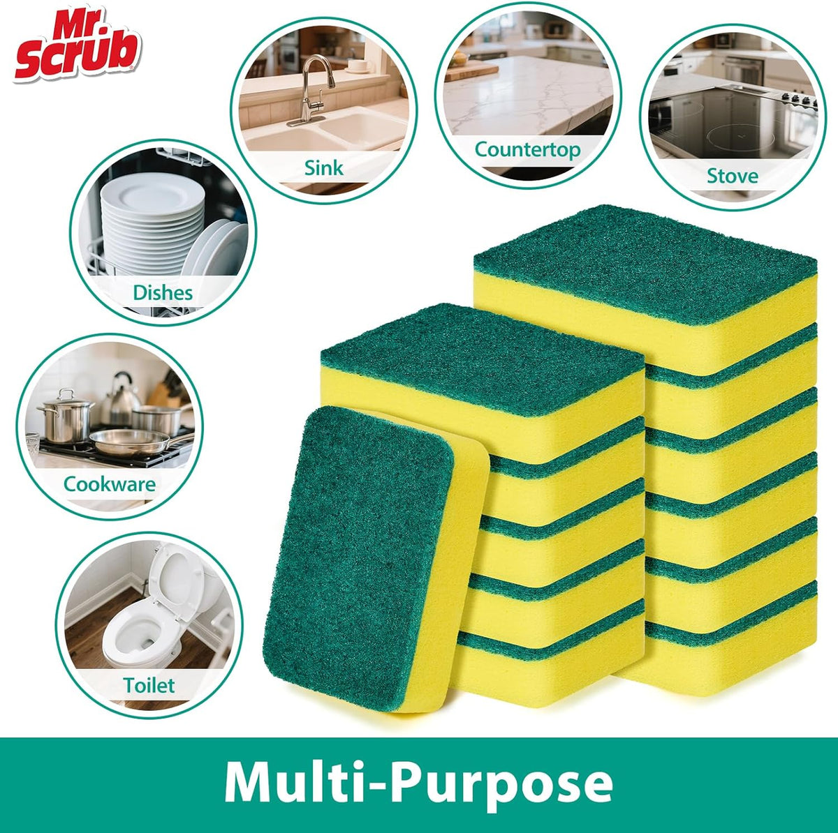 Sponges Kitchen Scrub Dish Sponge Scouring Pad, 48 Pack Cleaning Brush Scrubber Supplies for Soap