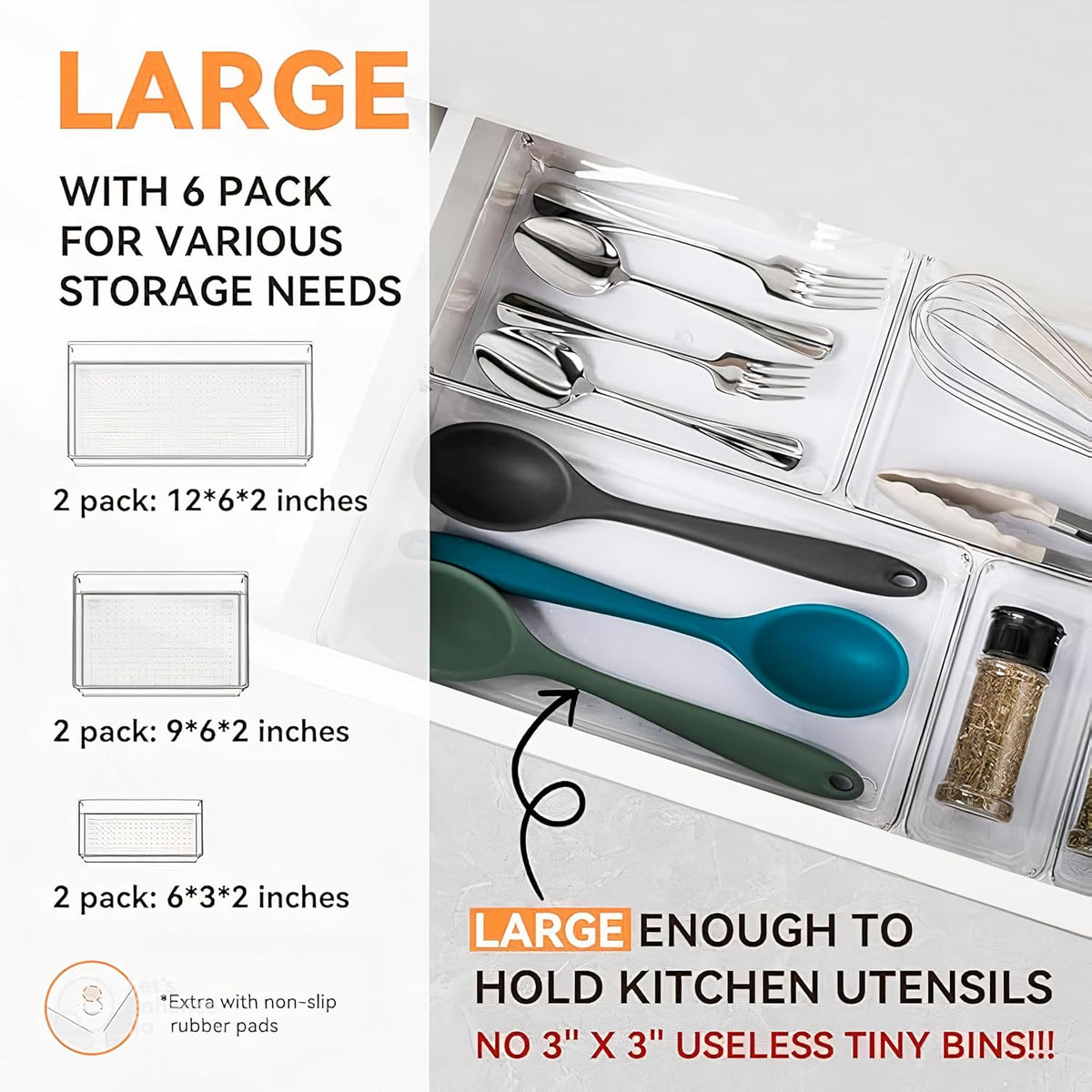 6 Pack Large Clear Plastic Drawer Organizer Trays – Non-Slip Storage Bins for Kitchen Utensils