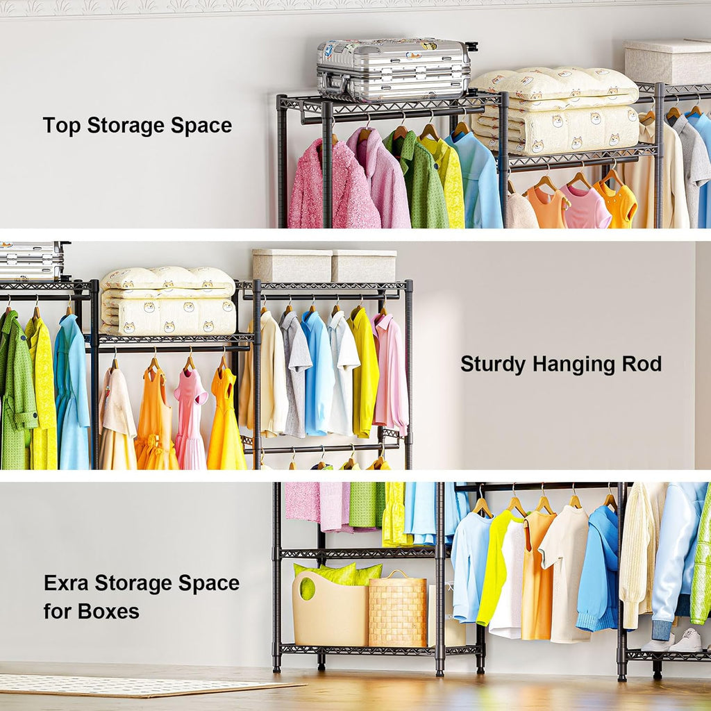 Heavy Duty Rolling Garment Rack 3 Tiers Adjustable Wire Shelving Clothes Rack with Rods Storage