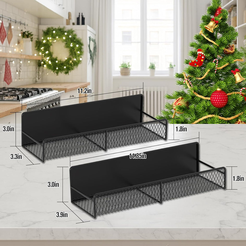 2 Pack Magnetic Spice Rack for Refrigerator, Black Magnetic Shelf with 4 Removable Hooks, Rustproof